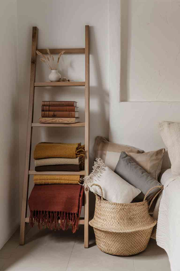 A corner of a minimalist bedroom with a wooden ladder shelf leaning against a warm white wall. The ladder shelf holds neatly folded throw blankets in autumnal colors like deep red and mustard yellow on its lower rungs. On the upper rungs, there are a few hardcover books with warm-toned spines and a small white ceramic vase with dried wheat stalks. Next to the ladder, a woven basket sits on the floor, partially filled with extra pillows in neutral tones. The overall effect is organized, cozy, and perfect for fall.