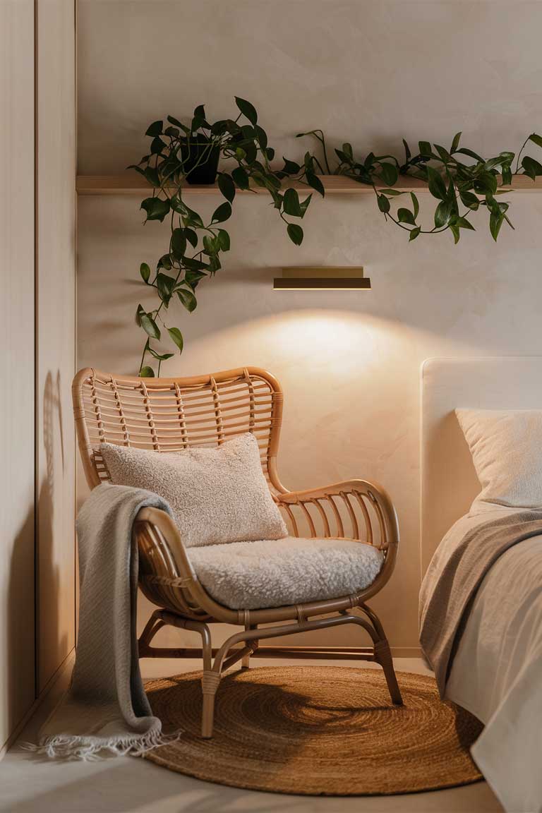 A rattan accent chair in the corner of a minimalist bedroom, with a trailing pothos plant on a high shelf above it. The natural textures of the rattan and the green of the plant soften the room's clean lines.