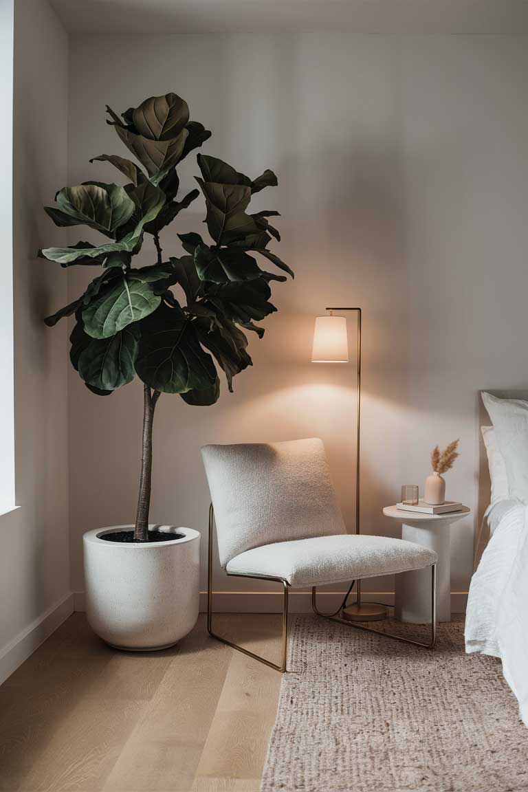 A corner of a minimalist bedroom featuring a large, sculptural fiddle leaf fig tree in a simple white pot. The plant's large, glossy leaves contrast beautifully with the room's neutral color palette. A sleek, modern chair sits nearby, creating a small reading nook.