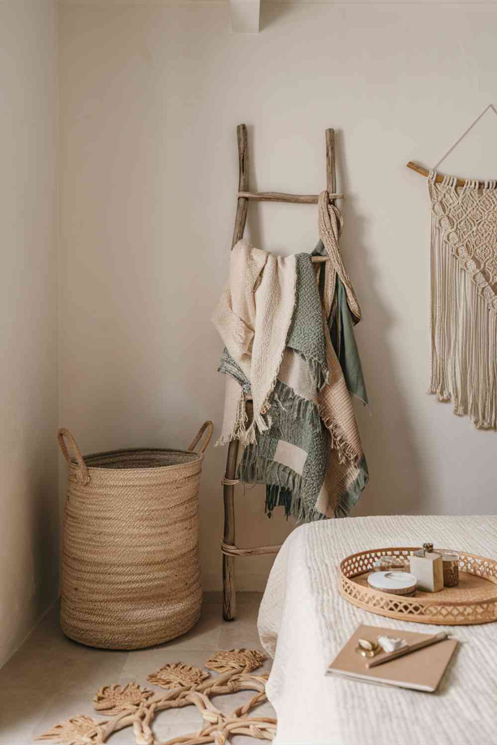 A corner of a minimalist boho bedroom showcasing functional decor. A large woven laundry hamper sits in the corner, its natural texture adding to the boho aesthetic. On the wall, a wooden ladder leans against the wall, serving as both a decorative element and a place to hang throws and scarves. A rattan tray on the bedside table organizes small items like jewelry and a watch. These pieces add to the room's style while serving practical purposes.