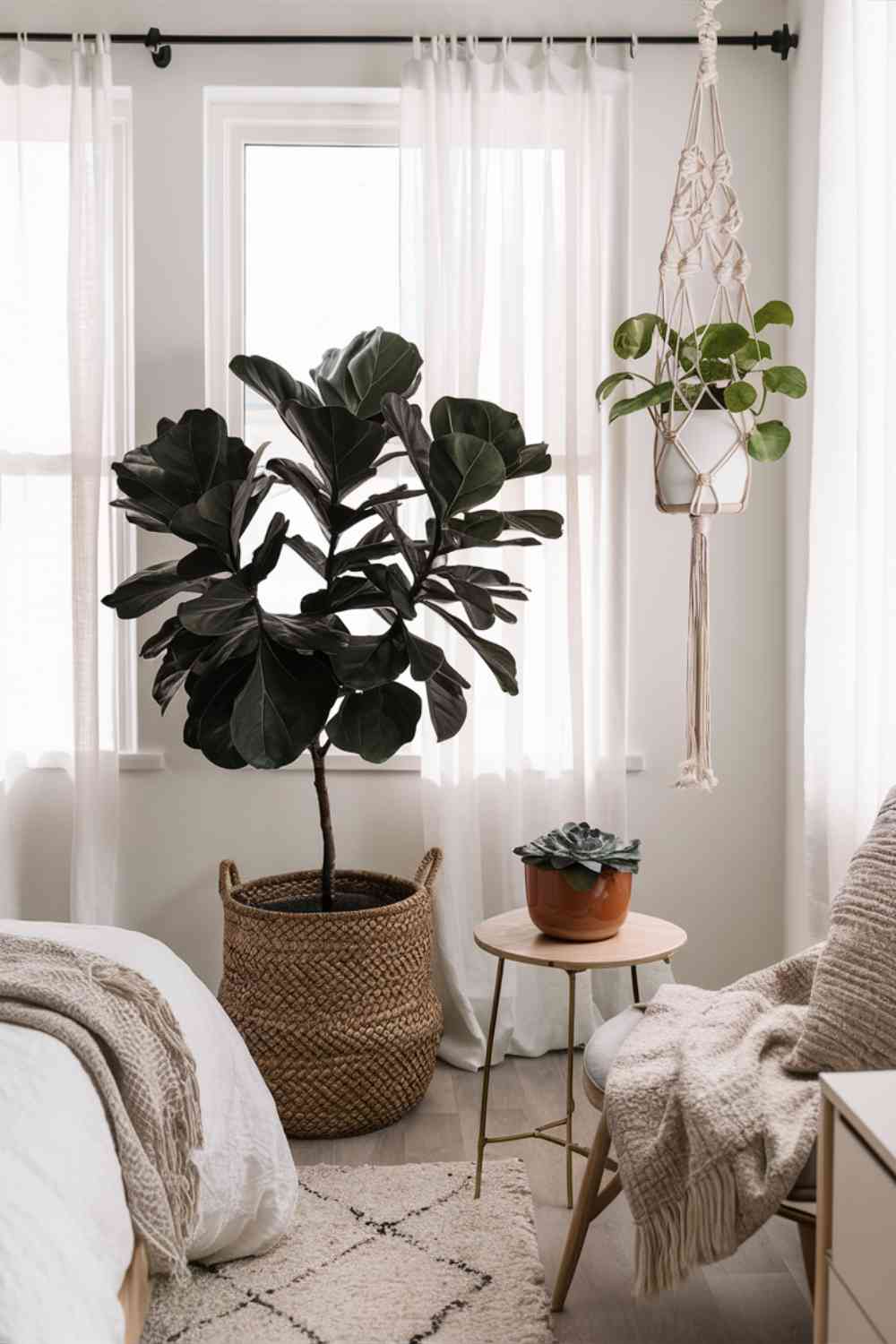 A corner of a minimalist boho bedroom featuring plants. A large fiddle leaf fig tree stands in a woven basket planter near the window. On the bedside table, a small potted succulent adds a touch of green. Hanging from the ceiling is a trailing pothos plant in a simple macramé plant hanger. The plants add life and color to the room without cluttering the space.