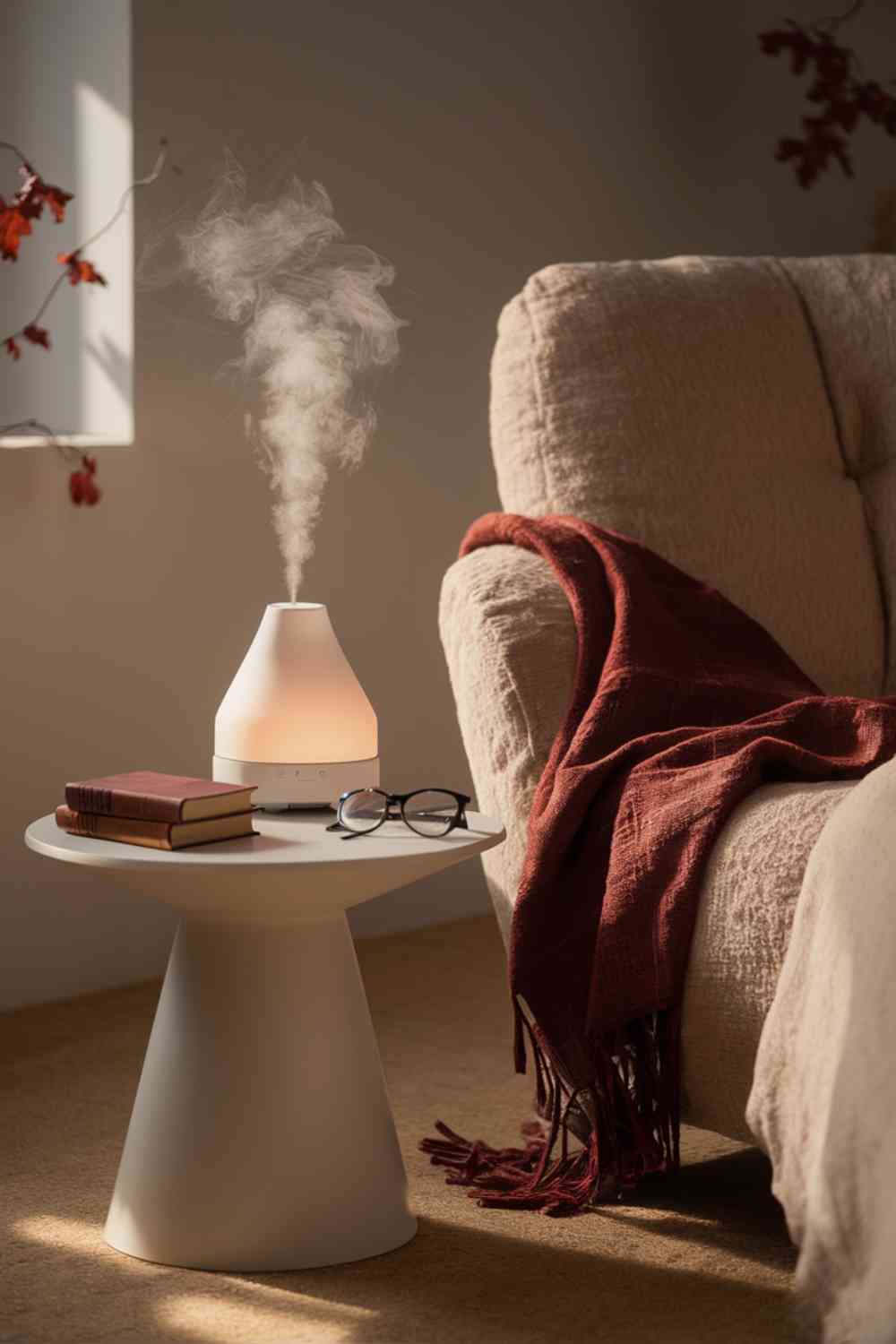 A cozy corner of a minimalist bedroom. In the foreground, there's a sleek side table with a modern essential oil diffuser emitting a subtle mist. Next to the diffuser, there's a small stack of books with warm-colored spines, topped with a pair of reading glasses. A plush throw in a rich, deep red is draped over the arm of a comfortable reading chair just out of frame. The warm, diffused lighting creates a soft glow, perfect for a relaxing autumn evening.