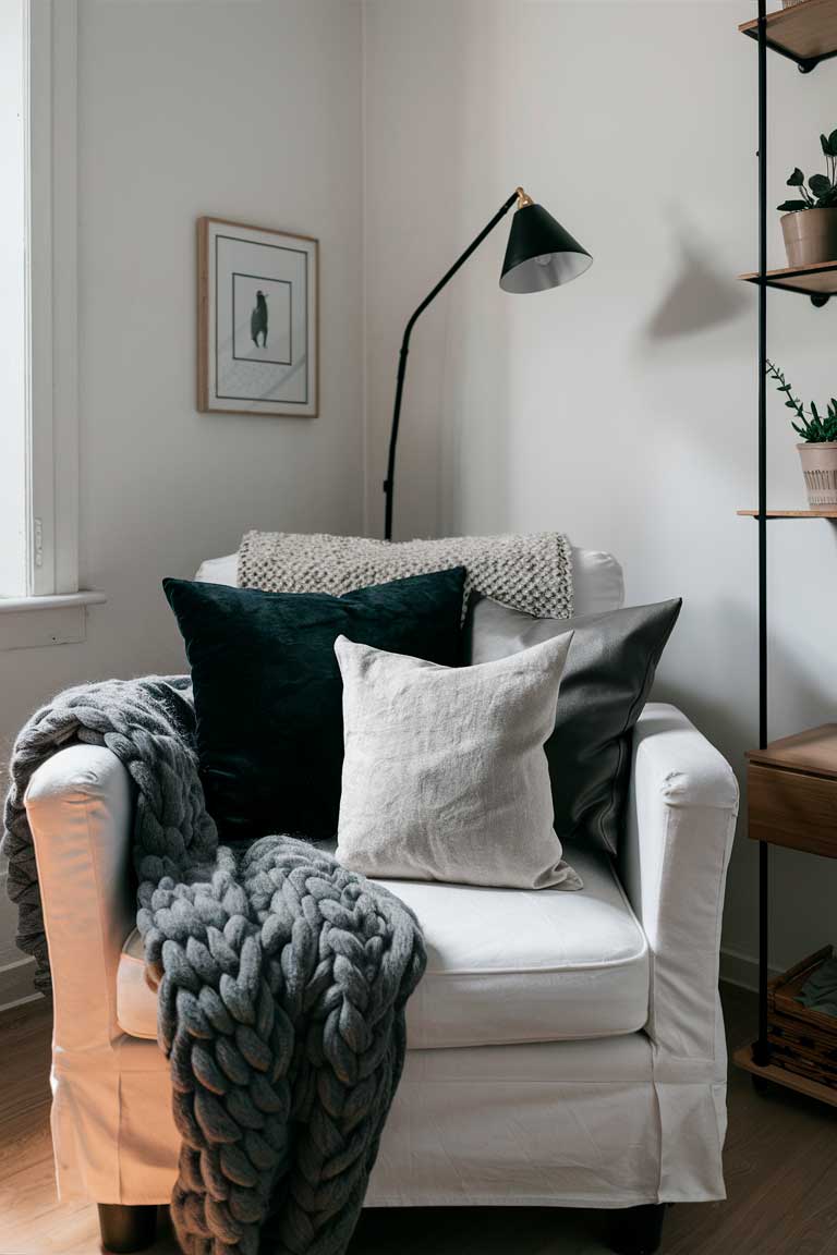 A cozy corner of a minimalist living room showcasing various textures.