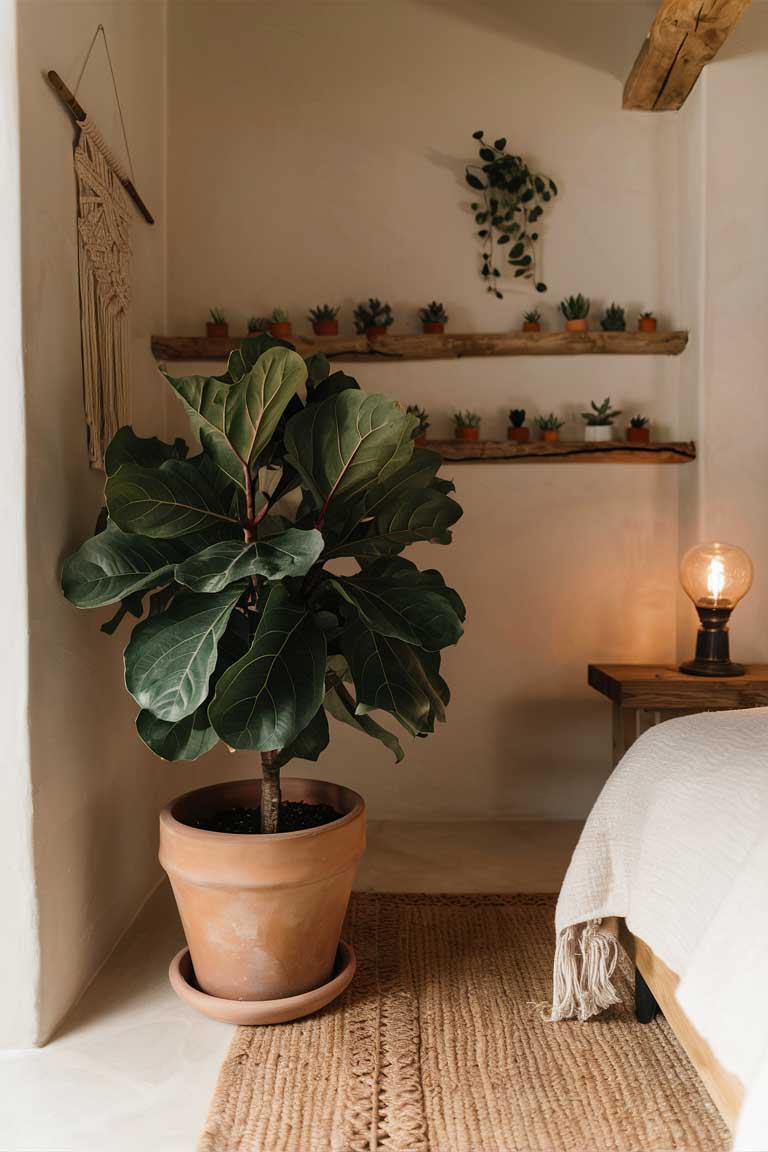 A corner of a rustic minimalist bedroom featuring a large fiddle leaf fig plant in a simple terracotta pot. The plant's large, glossy leaves contrast beautifully with the room's neutral color palette. On a nearby wooden shelf, a collection of small potted succulents adds a touch of green.