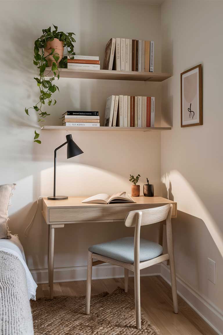 A corner of a small bedroom showcasing a wall-mounted desk with a sleek lamp and a minimalist chair. Above the desk, floating shelves display a few carefully chosen books and a small plant.