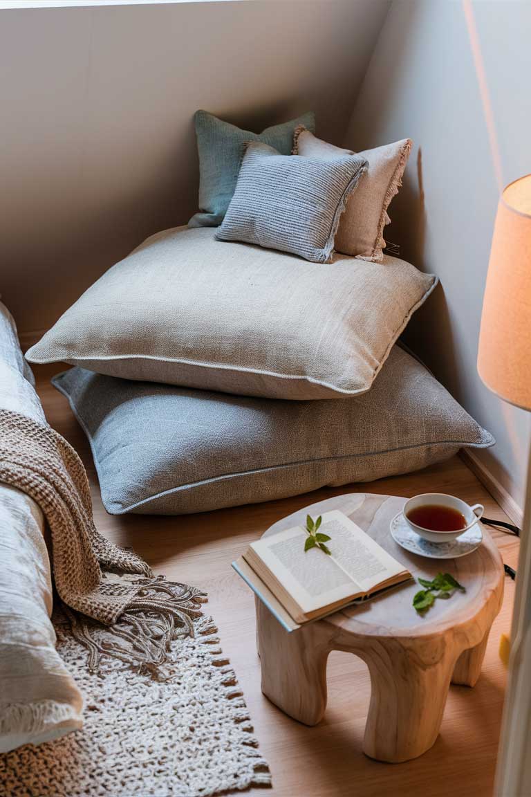 A corner of a small bedroom showing two large, flat floor cushions stacked neatly. One is in a natural linen color, the other in a soft gray. Next to them is a small, low side table with a book and a cup of tea, suggesting a cozy reading nook.