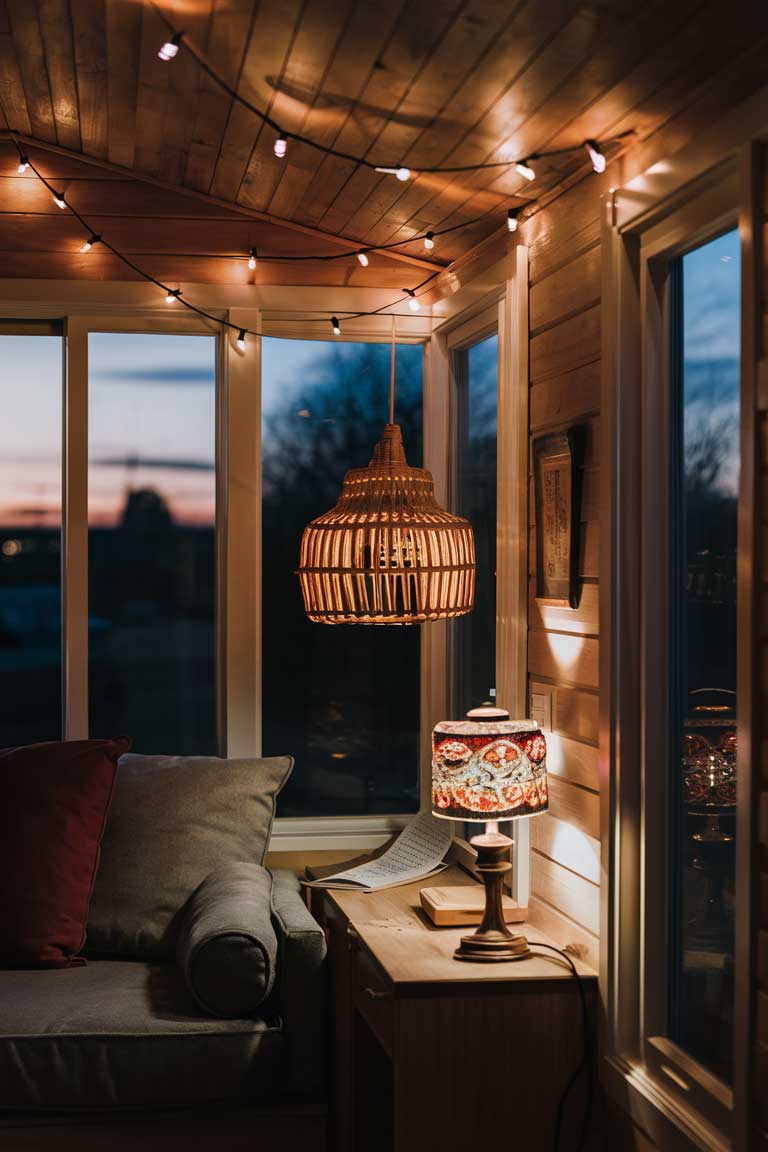 A cozy corner of a tiny house at dusk. Warm string lights are draped across the ceiling, casting a soft glow. A rattan pendant light hangs over a small reading nook, while a vintage table lamp with a colorful shade sits on a nearby surface. The layered lighting creates a warm, inviting atmosphere in the small space.