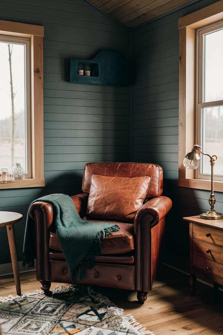 A cozy corner of a tiny house living room with a leather armchair in rich brown, set against a muted gray wall. A forest green throw blanket is draped over the chair, and a wooden side table holds a vintage lamp.