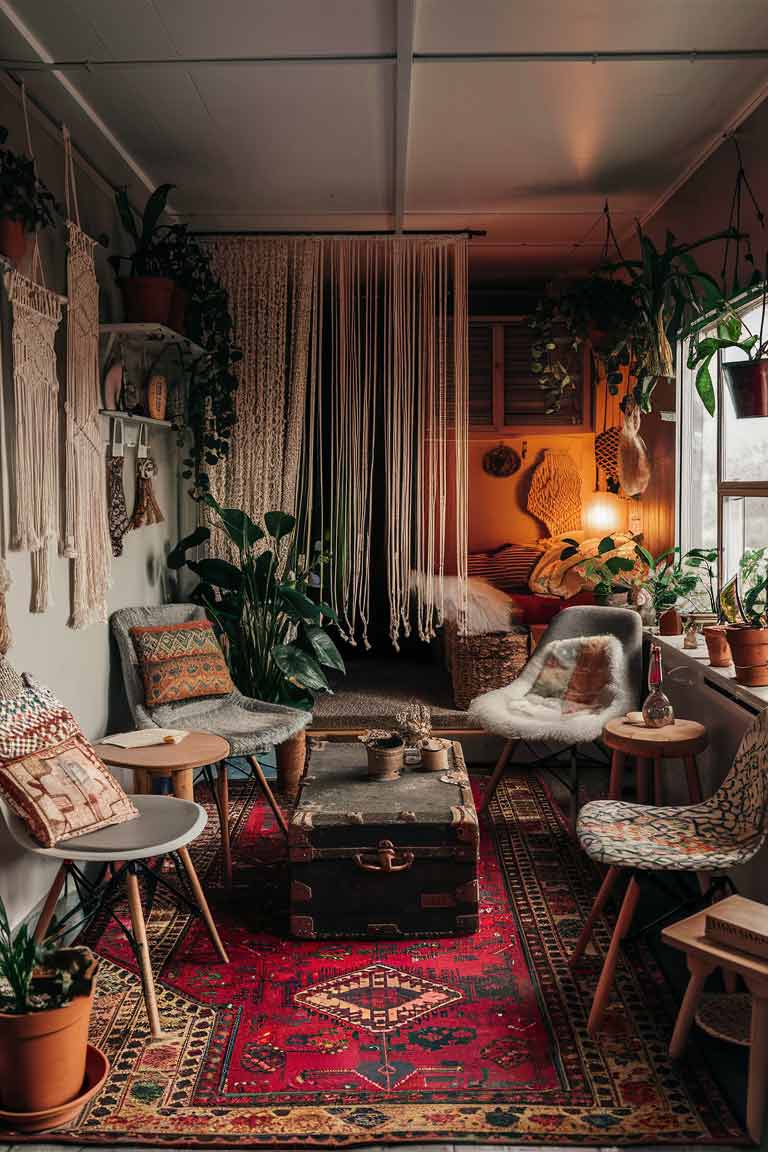 An eclectic bohemian tiny living room. The room features a mismatched collection of chairs and a low coffee table made from an old trunk. There's a colorful Persian rug on the floor and macramé wall hangings on the walls. Include plenty of potted plants of various sizes throughout the space. If possible, show a beaded curtain used as a room divider. The photograph should capture the vibrant, layered look of bohemian style in a small space, with warm lighting to enhance the cozy, collected feel of the room.