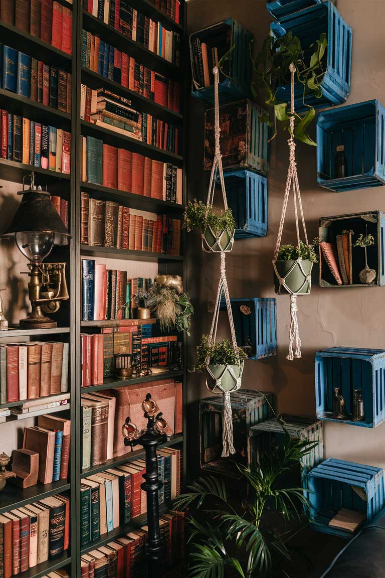 A corner of a tiny house living area with floor-to-ceiling bookshelves filled with vintage books and objects. Macramé plant hangers at varying heights hold small potted plants. On an adjacent wall, painted vintage crates are mounted to create modular shelving.