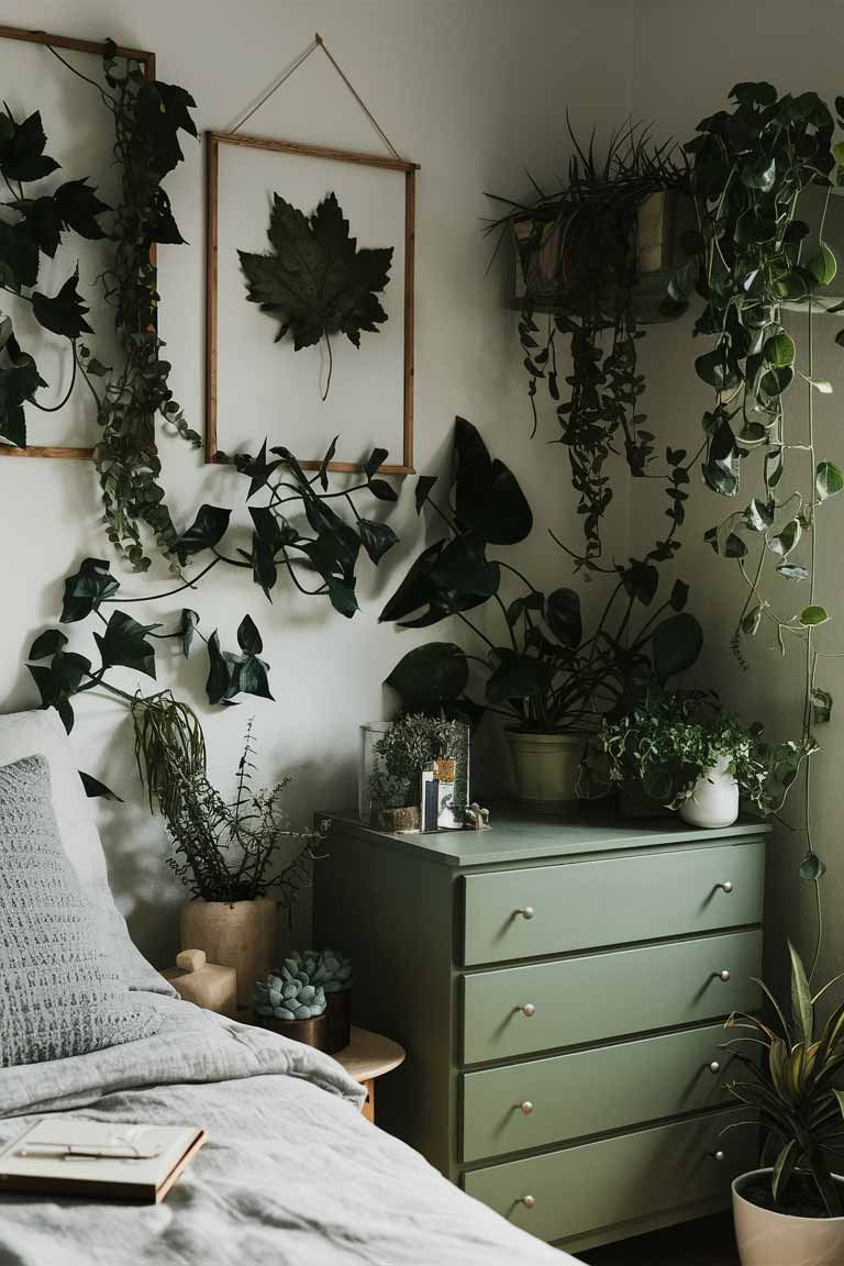 A tiny bedroom demonstrating budget-friendly green decor. DIY framed leaf art hangs on the wall, a dresser painted sage green sits in the corner, and several small, low-maintenance plants are placed around the room.