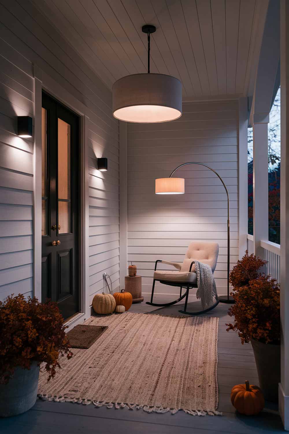 A covered porch at twilight featuring a large, simple drum pendant light casting a warm glow over the space. On one side of the door, a modern, rectangular wall sconce provides additional lighting. In the corner, a tall, arc-style floor lamp bends over a minimalist rocking chair, creating a cozy reading nook.