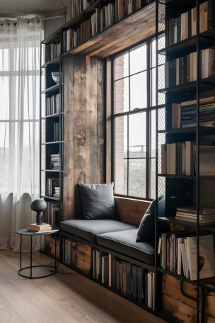 A cozy industrial minimalist reading nook within a living room. A built-in window seat with slim cushions in charcoal grey is framed by floor-to-ceiling bookshelves made of black metal and reclaimed wood. A small round side table holds a minimalist lamp and a stack of books. Large windows flood the space with natural light, while sheer white curtains provide a soft contrast to the industrial elements.