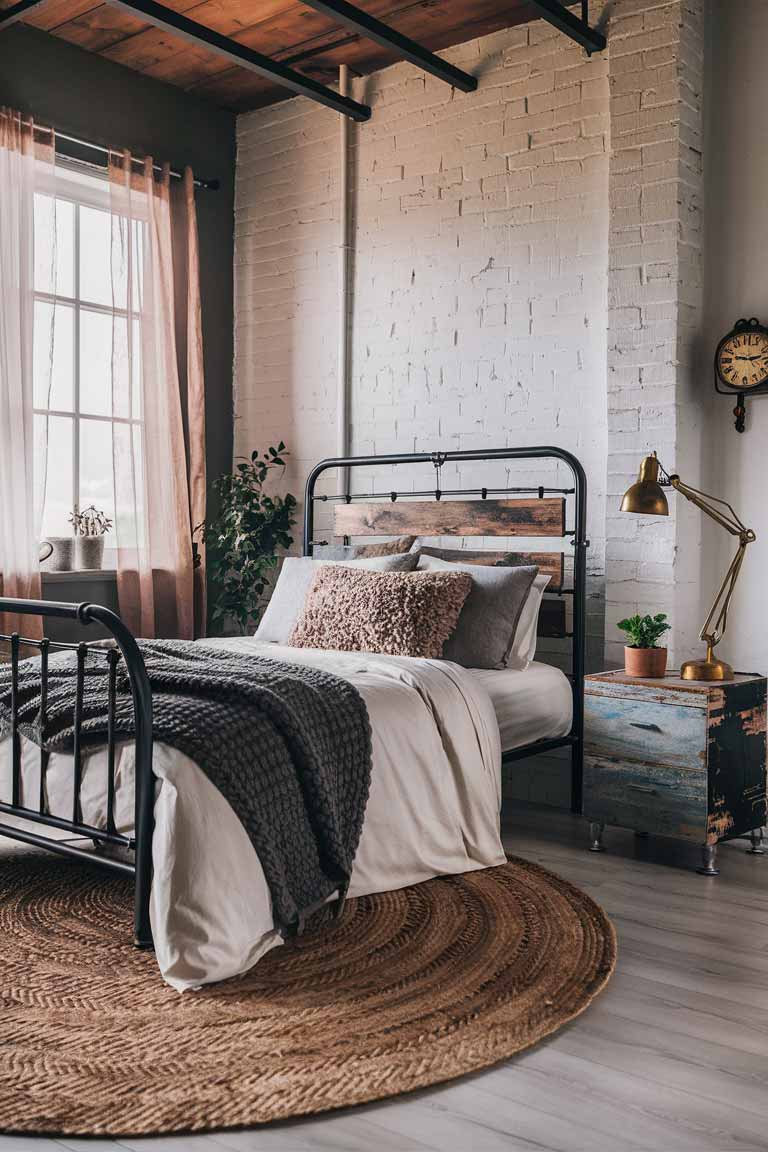 An industrial rustic bedroom featuring a metal bed frame with a wooden headboard. The bed is dressed in simple white linens with a charcoal gray throw blanket. One wall is exposed brick, painted white. A vintage metal desk lamp sits on a reclaimed wood nightstand, adding an industrial touch.