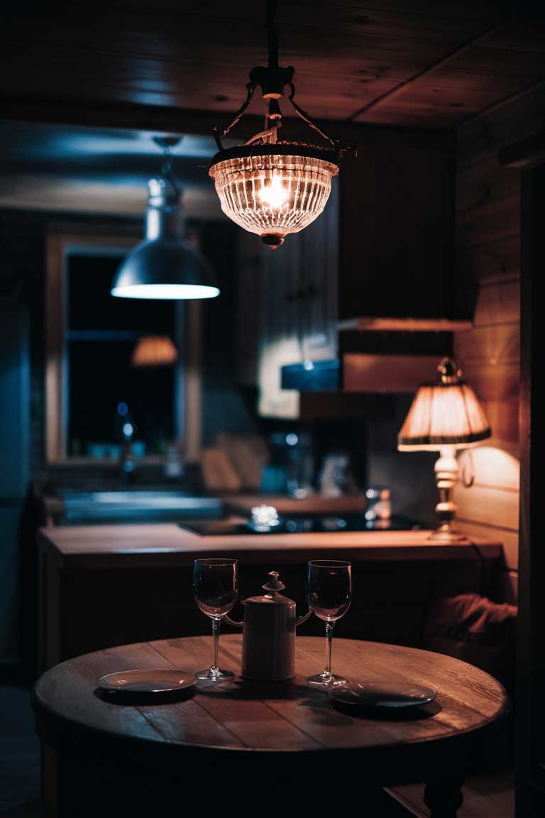 A tiny house dining area at night, illuminated by a small antique chandelier hanging over the table. In the background, an industrial-style pendant light hangs over a kitchen counter, and a vintage table lamp with a fabric shade glows softly in a corner.