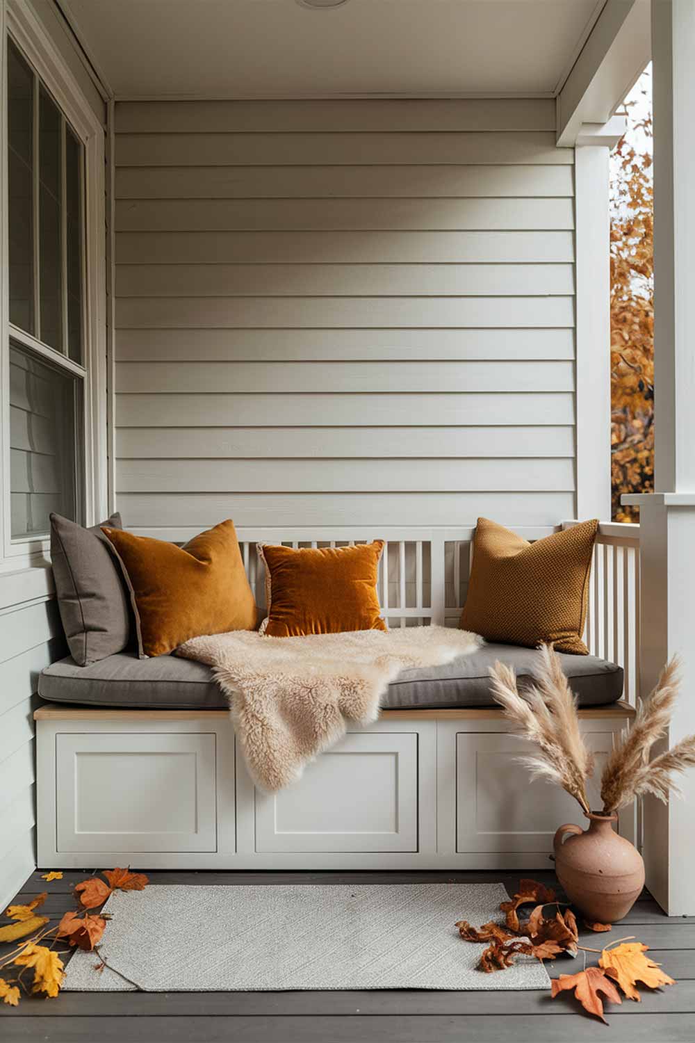 A corner of a porch featuring a built-in bench with clean lines, painted in a soft white. The bench is topped with a long, thin cushion in a warm gray color. A single cream-colored faux fur throw is casually draped over one end of the bench, adding texture and warmth to the minimalist design.