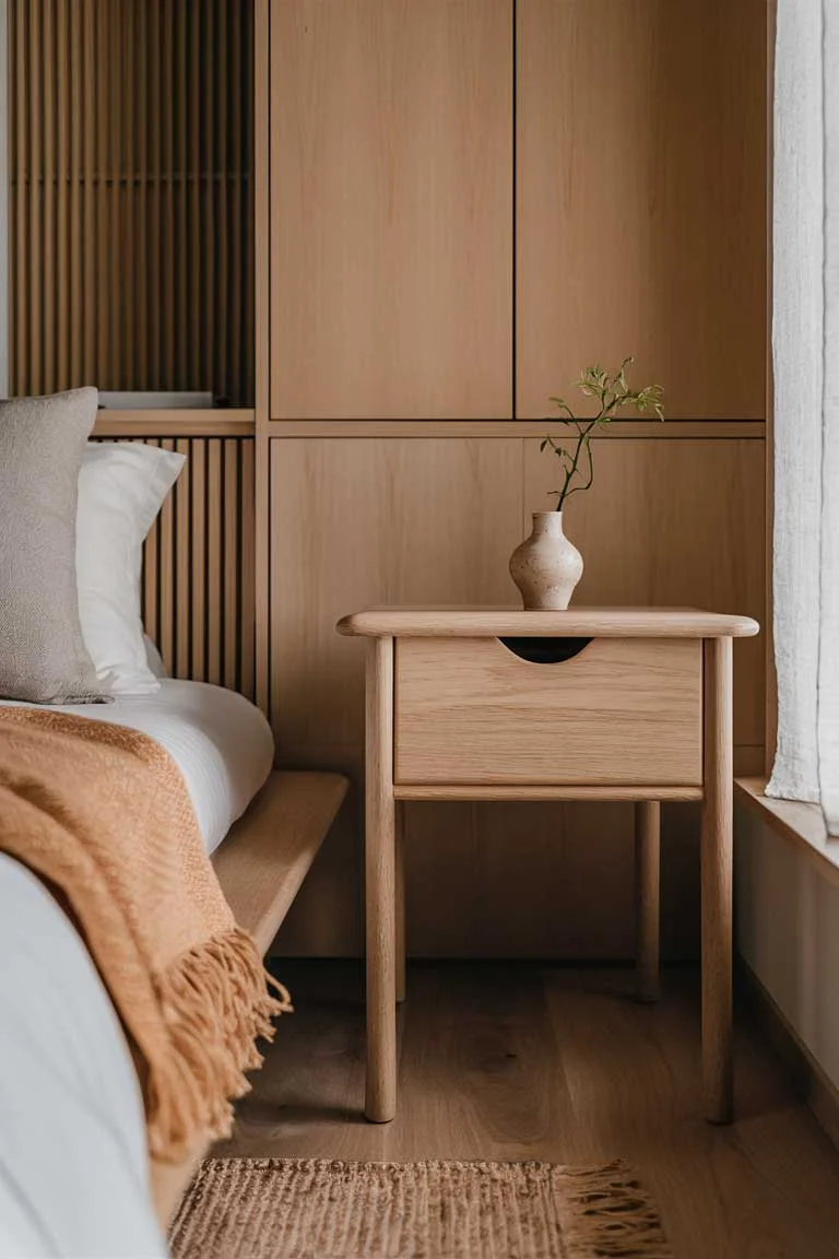 A close-up of a Japandi bedroom corner showing a sleek, minimalist wooden bedside table with a single drawer. Next to it is a low wooden bench with a neatly folded throw blanket. The wall behind features subtle built-in cabinets in the same wood tone.
