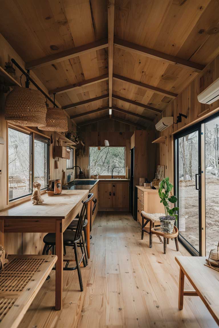 A cozy Japanese tiny house interior featuring wooden furniture, natural fiber decor, and other natural materials, creating a warm and inviting atmosphere.