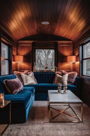 A tiny home living room featuring a plush, velvet sectional sofa in a rich, jewel-toned color, complemented by luxurious throw pillows and a high-end, brass-framed coffee table.