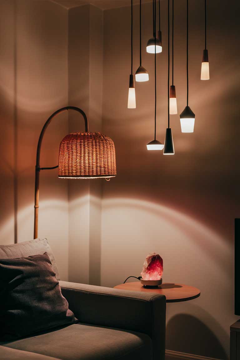 A cozy living room corner at dusk. A sleek floor lamp with a woven rattan shade casts a warm glow over a reading nook. Above, a cluster of simple pendant lights with varying lengths hang at different heights, creating visual interest. On a side table, a small Himalayan salt lamp adds a soft, pink hue. The overall effect is layered and warm, without being cluttered.