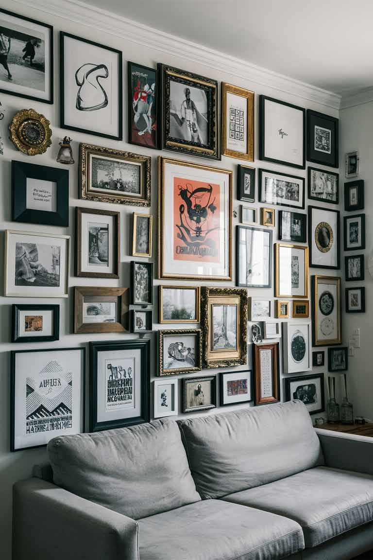 A tiny house living room featuring a striking gallery wall. The wall is filled with a mix of framed art prints, personal photos, and small decorative objects. The frames vary in size and style, from sleek black frames to ornate gold ones. The arrangement is eclectic but balanced, creating a focal point in the room. A small sofa sits beneath the gallery wall, and the rest of the room is kept simple to let the wall shine.