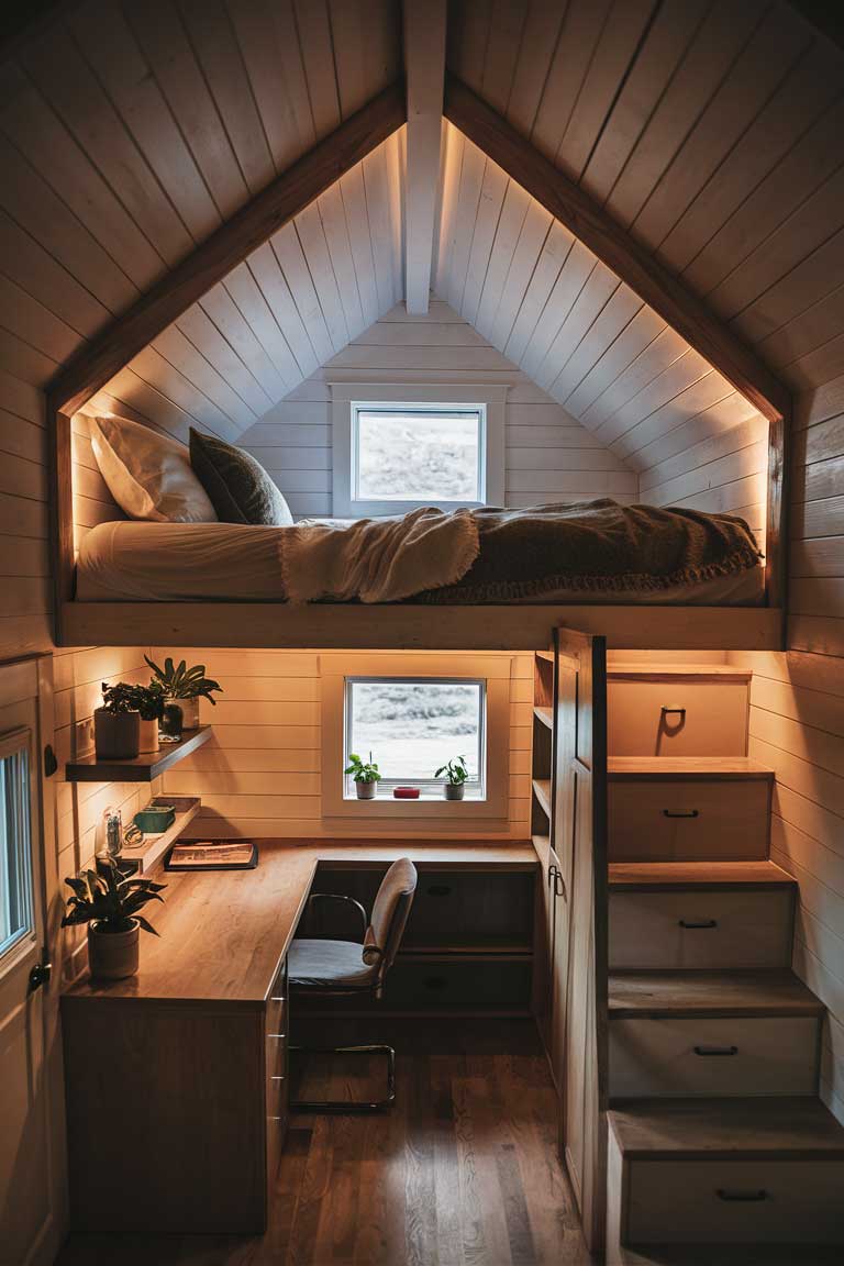 A cozy loft bed in a tiny house bedroom. The bed is tucked under a sloped ceiling with a small window. Below the loft is a compact workspace with a built-in desk and shelving and a staircase. Warm, ambient lighting illuminates the space, creating an inviting atmosphere. The color scheme is neutral with pops of green from plants on the desk and shelves.