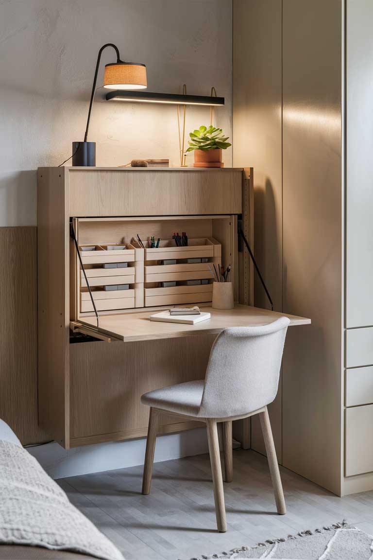 A minimalist bedroom corner featuring a sleek, wall-mounted fold-down desk. The desk is shown in its open position, revealing a small workspace with a built-in organizer. When closed, it looks like a simple wooden panel on the wall. A modern, minimalist chair sits tucked underneath.