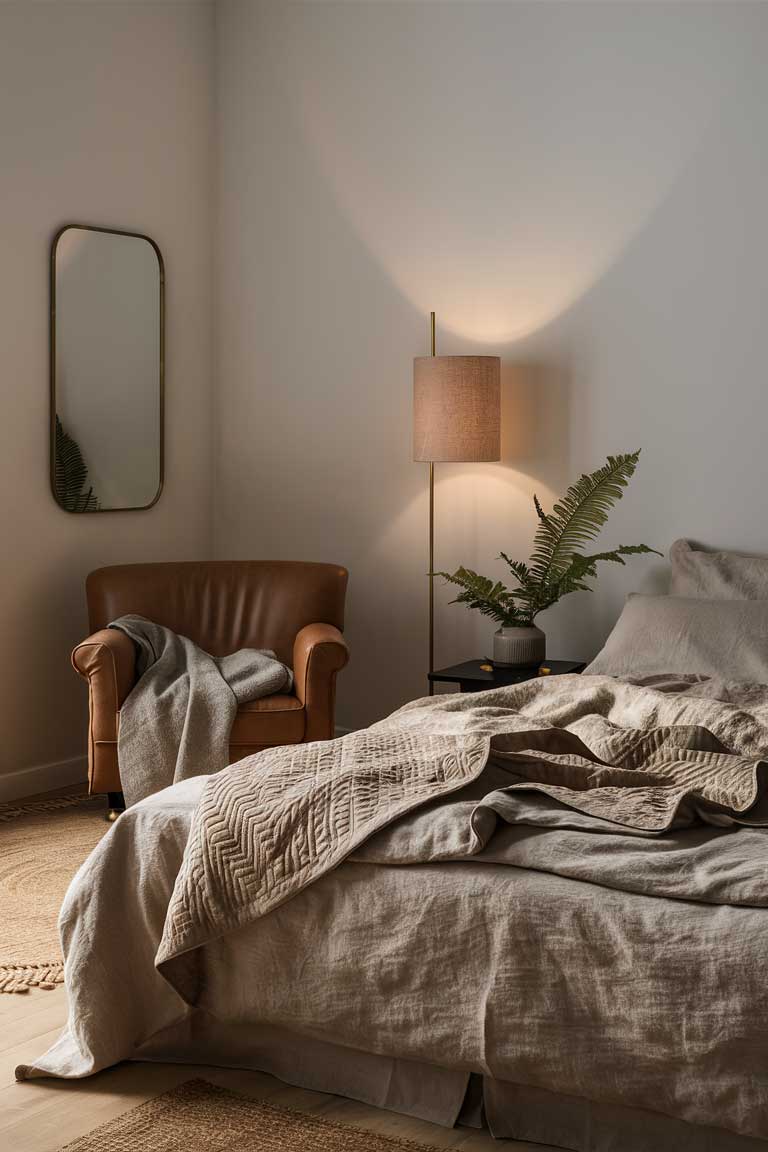 A minimalist bedroom featuring timeless, versatile decor. The bed has high-quality linen sheets in a warm oatmeal color, topped with a quilted coverlet in a subtle herringbone pattern. A leather armchair in a rich cognac color sits in the corner, draped with a soft wool throw in a neutral tone. On the wall, there's a large, simple mirror in a brass frame, reflecting the warm light from a modern floor lamp with a linen shade. The overall aesthetic is cozy and autumnal, yet classic enough to work year-round.