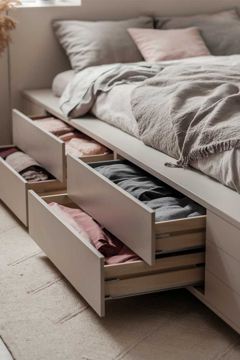 A bed with drawers being pulled out from underneath, revealing neatly organized clothes and bedding. The drawers are seamlessly integrated into the bed frame, maintaining the room's clean lines.