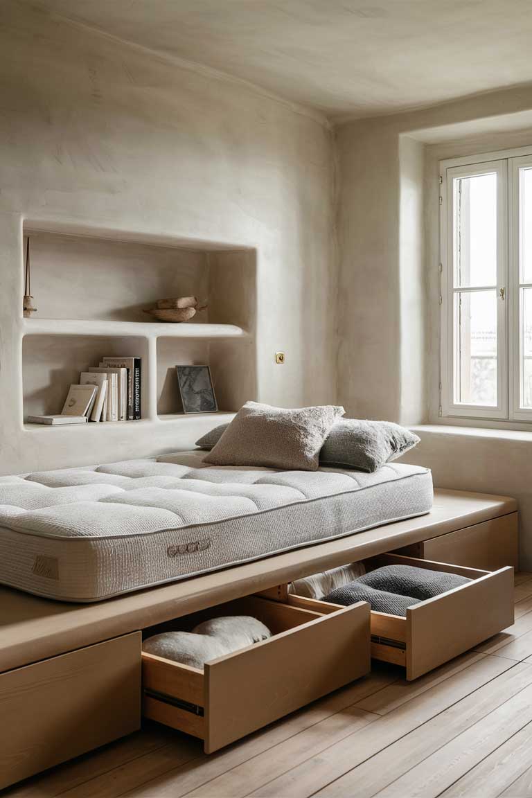 A small bedroom with a platform bed featuring built-in drawers underneath. Above the bed, recessed shelving is built into the wall, providing storage without protruding into the room.