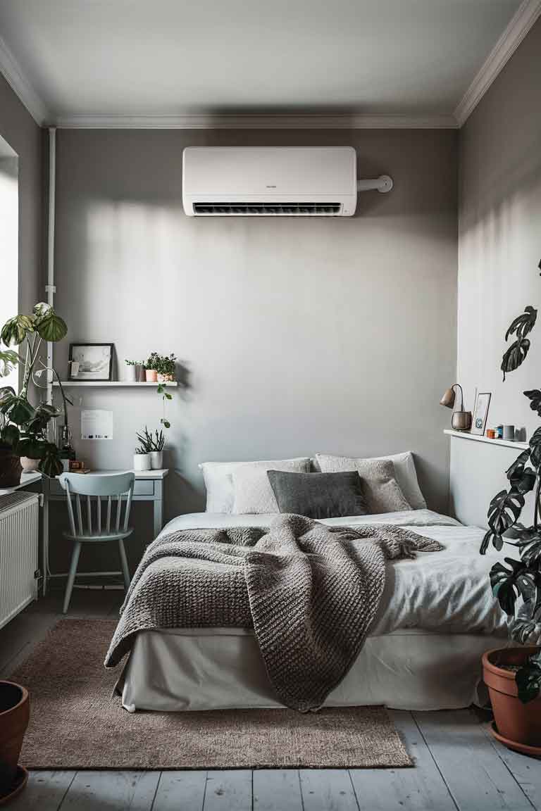 A small bedroom. A compact, wall-mounted air conditioning and heating unit is visible on one wall. The overall decor is minimalist and cozy, allowing the climate control features to blend seamlessly into the design.