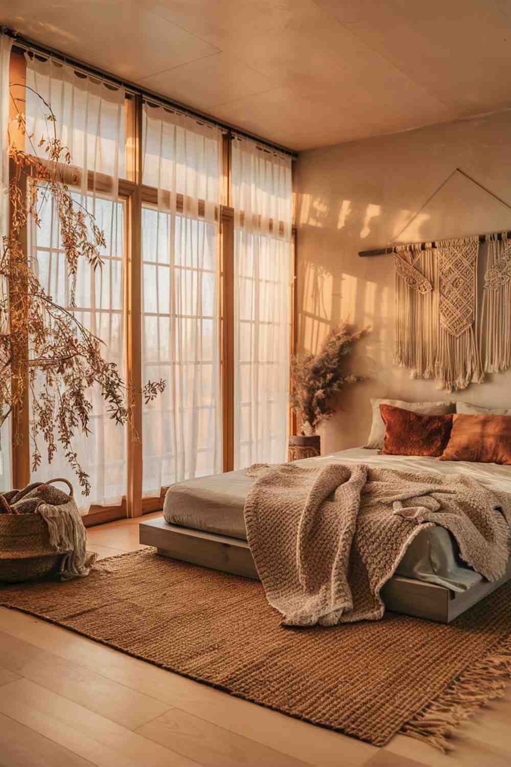 A minimalist boho bedroom bathed in natural light. Large windows with sheer white curtains allow sunlight to filter into the room, creating a soft, warm glow. The light highlights the textures in the room: the weave of the jute rug, the knit of the throw on the bed, and the patterns in the macramé wall hanging. A small indoor tree near the window casts gentle shadows, adding depth to the space.