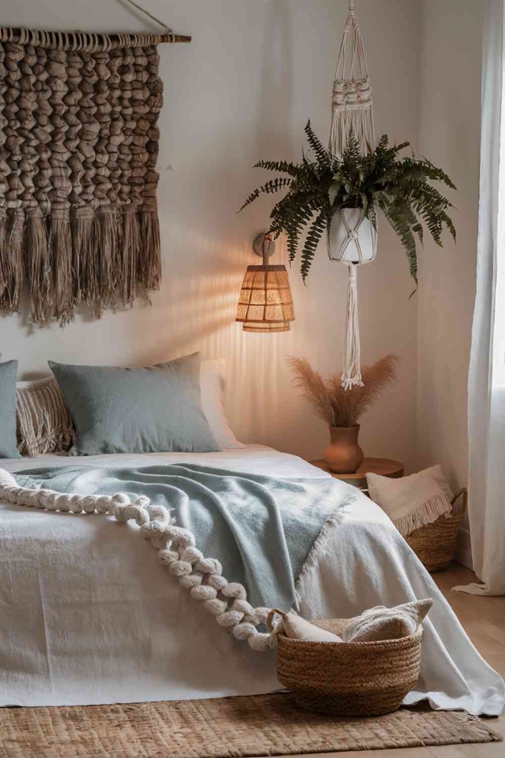 A minimalist boho bedroom featuring DIY textile projects. On the bed, there's a throw pillow with a hand-dyed shibori pattern in soft indigo. At the foot of the bed, a plain white throw has been customized with chunky fringe along the edges. Hanging on the wall is a simple DIY macramé plant hanger holding a small potted plant. These handmade touches add unique character to the room while maintaining the overall minimalist boho aesthetic.