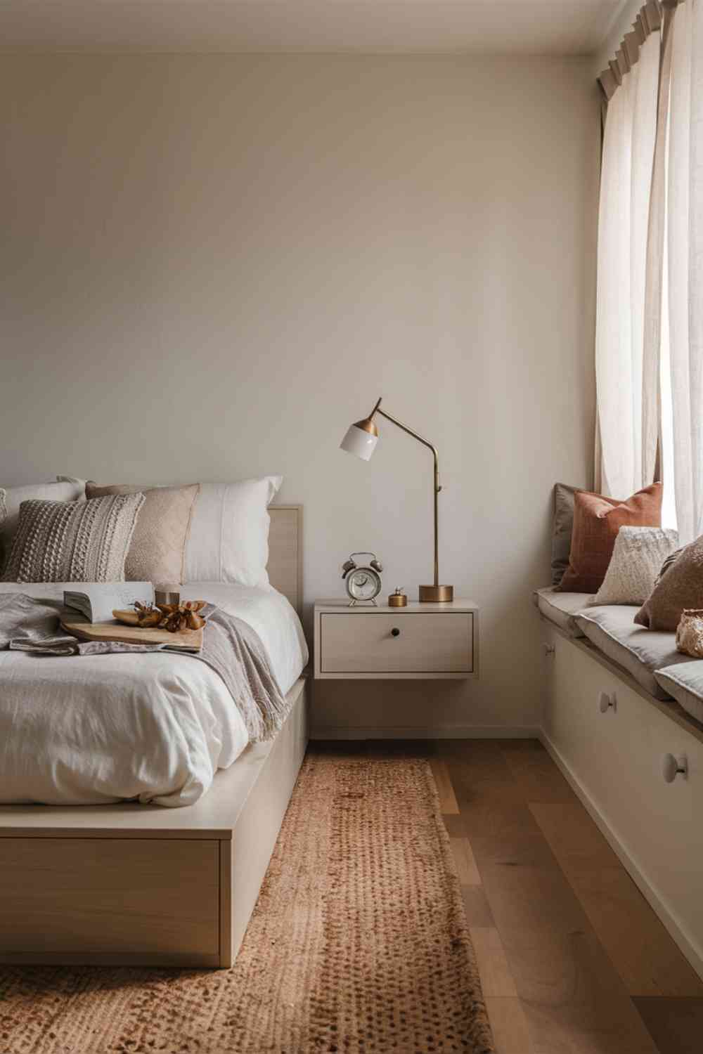 A minimalist bedroom featuring a platform bed with built-in drawers underneath. The bed is made with crisp white sheets and a warm grey duvet. Next to the bed is a sleek nightstand with a single drawer, its top surface clear except for a simple alarm clock and a small potted succulent. The room's color palette is neutral with subtle warm undertones, creating a clean and cozy autumn atmosphere.