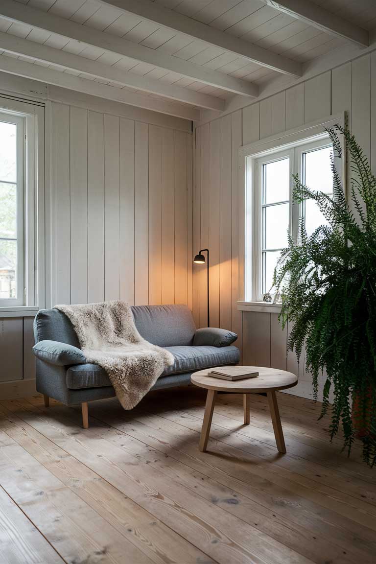 A tiny house living room with light wood floors and white walls. A compact gray sofa with a sheepskin throw sits against one wall. A round, natural wood coffee table is in front of the sofa. A slim floor lamp stands in the corner. The room is bright and airy with a large window letting in natural light. A single, large potted plant adds a touch of green to the space.