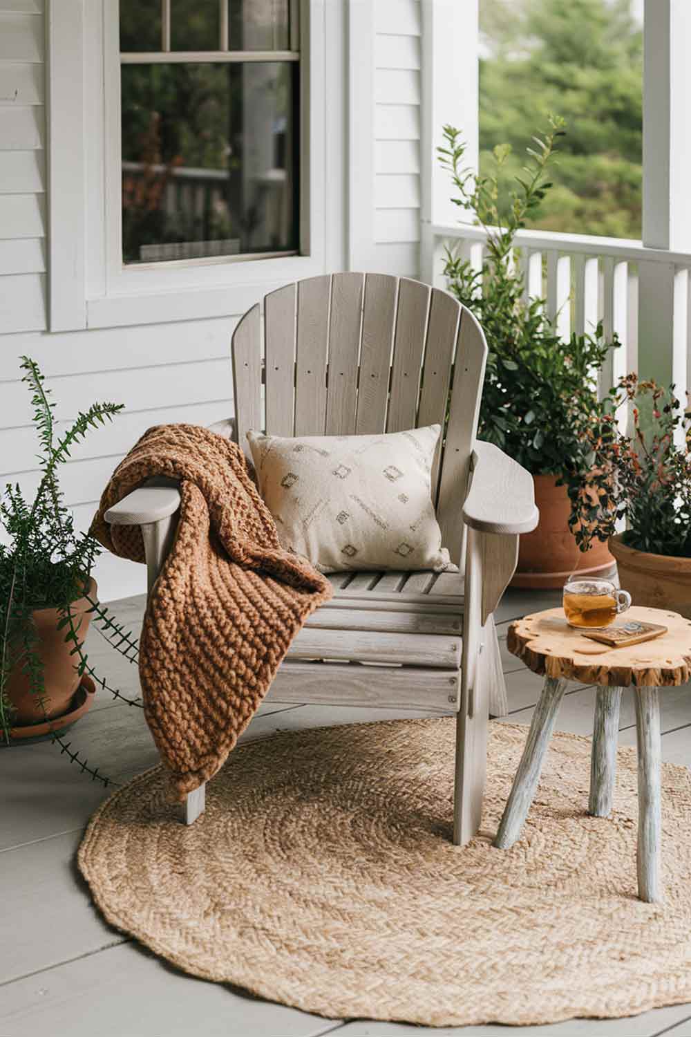 A minimalist porch seating area with a light wood Adirondack chair. A chunky knit blanket in a warm camel color is draped over one arm, and a small lumbar pillow with a subtle geometric pattern sits on the seat. A simple, natural fiber rug in a light gray tone defines the space in front of the chair.