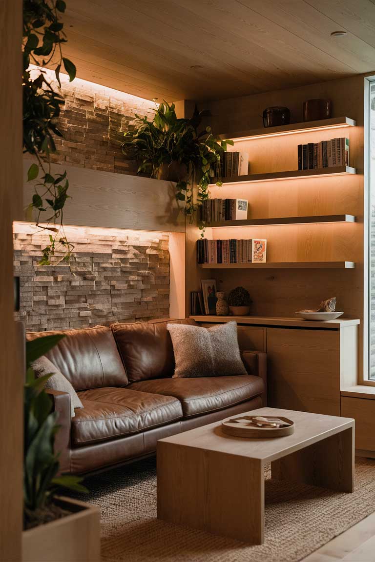 A warm and inviting tiny house living room featuring earthy tones. A leather sofa in rich brown sits against a textured stone accent wall. Natural wood elements are present in the coffee table and shelving. Green plants add life to the space, while soft lighting creates a cozy ambiance.