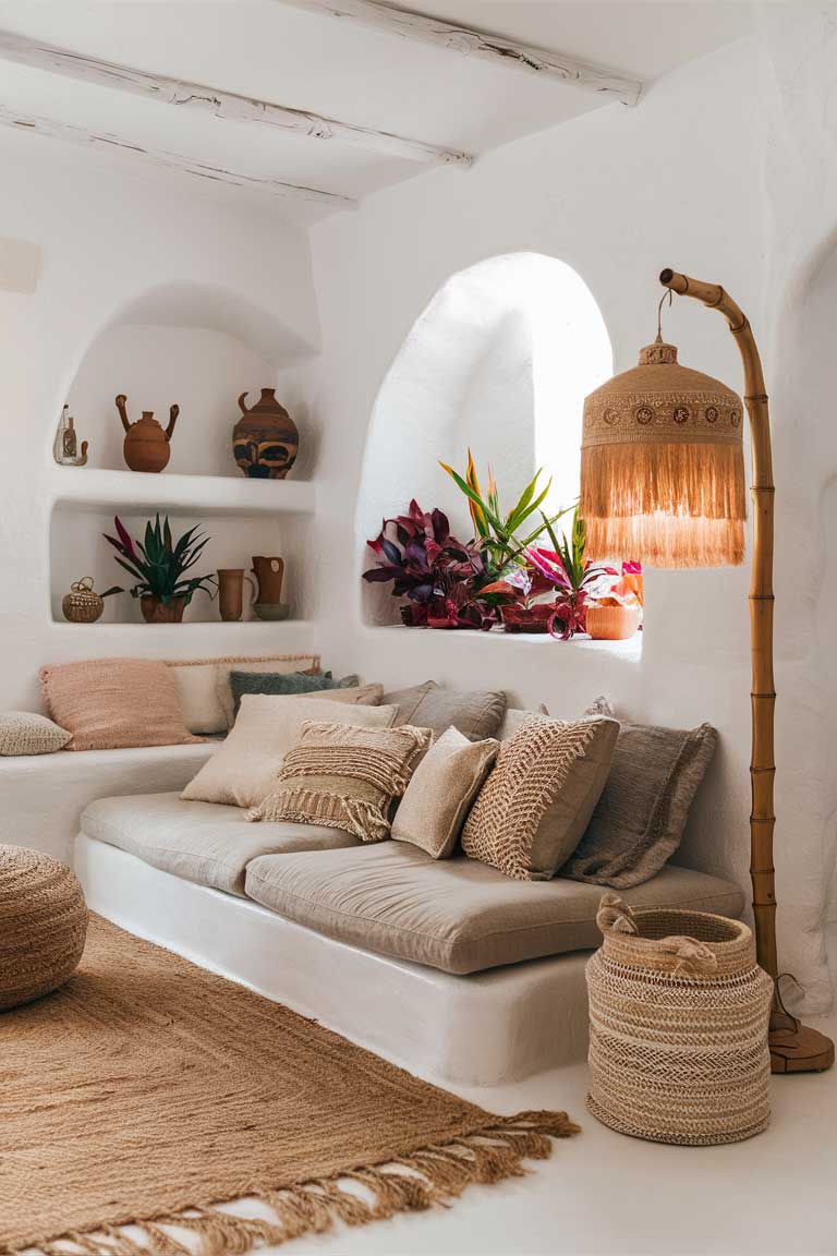 A small living room with a neutral boho theme. Shows whitewashed walls, a light linen sofa with textured throw pillows, a bamboo floor lamp with a fringed shade, and a large jute rug. Include a small shelf with artisanal pottery and plants. The overall look is bright, airy, and elegantly relaxed.