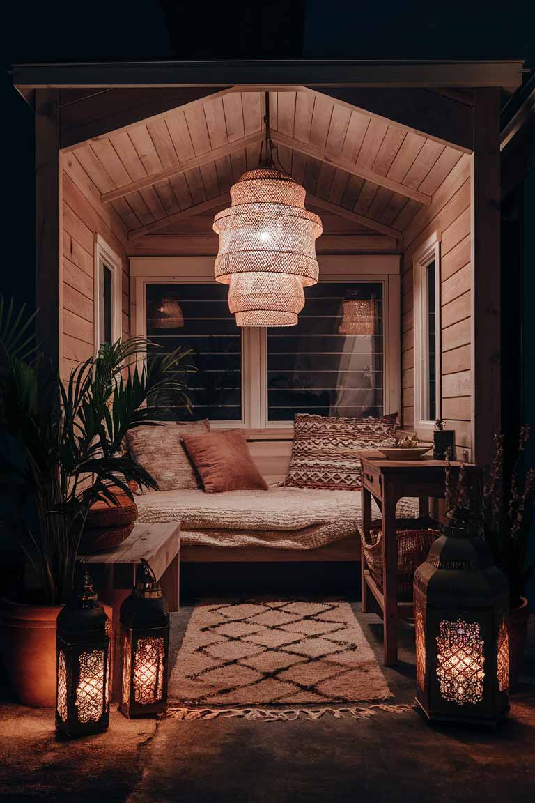 A nighttime shot of a tiny house bedroom corner, illuminated by a woven pendant light hanging from the ceiling and a pair of Moroccan-style lanterns of various sizes placed on surfaces around the room, creating a warm and inviting atmosphere.