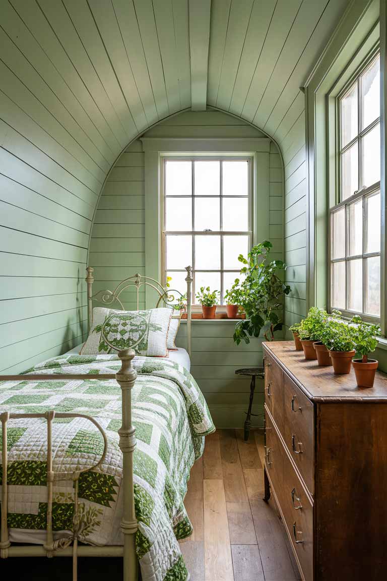 A charming tiny bedroom with pale green shiplap walls. It features a white wrought iron bed with a green and white patterned quilt. A vintage wooden dresser holds small potted herbs, and a window lets in plenty of natural light.