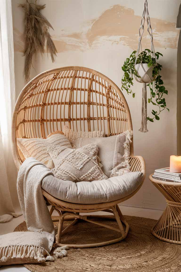 A cozy reading nook bathed in soft, natural light. At the center, a comfortable woven rattan chair with a plush, oversized cushion covered in a textured neutral fabric. The chair is adorned with a mix of boho-style pillows in varying neutral tones and subtle patterns, creating an inviting and relaxed atmosphere. Beneath the chair, a soft jute rug adds warmth and texture. A delicate hanging macramé plant holder suspends a lush trailing plant, bringing a touch of greenery and life to the space. The walls are painted a warm, off-white hue with a hint of beige, enhancing the natural textures and creating a serene backdrop. A small, stylish side table next to the chair holds a stack of favorite books and a softly glowing candle, adding to the nook’s charm.