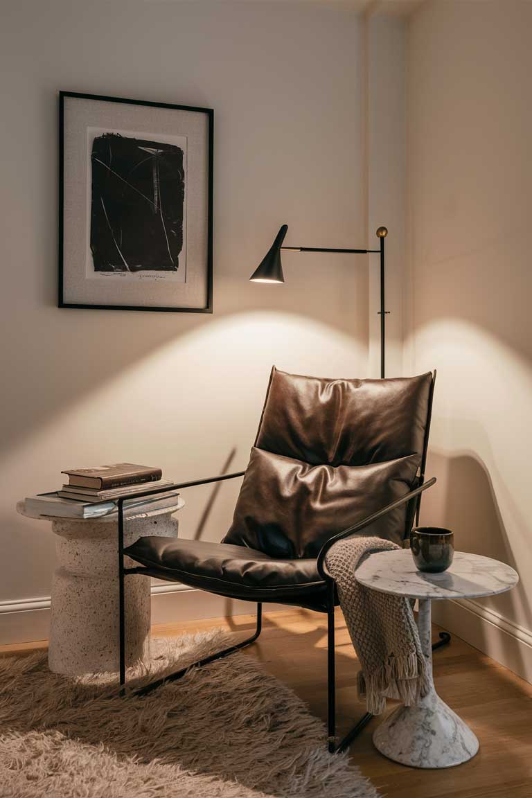 A cozy reading nook featuring a sleek, slim black metal chair with a plush, dark brown leather cushion that invites relaxation. Next to the chair is a small, round marble side table with subtle gray veining, adding an elegant touch. On the table, place a soft, knitted throw blanket draped casually, along with a stack of well-loved books and a stylish ceramic mug. Above the chair, hang a framed black-and-white abstract print with a textured matting to create depth. A modern, slim floor lamp with an adjustable arm and a warm, soft light casts a gentle glow, perfect for reading. The walls are painted in a soft, warm white, adding warmth to the space while highlighting the clean lines of the furniture. Include a plush, textured rug underneath the chair and table to enhance the cozy ambiance.