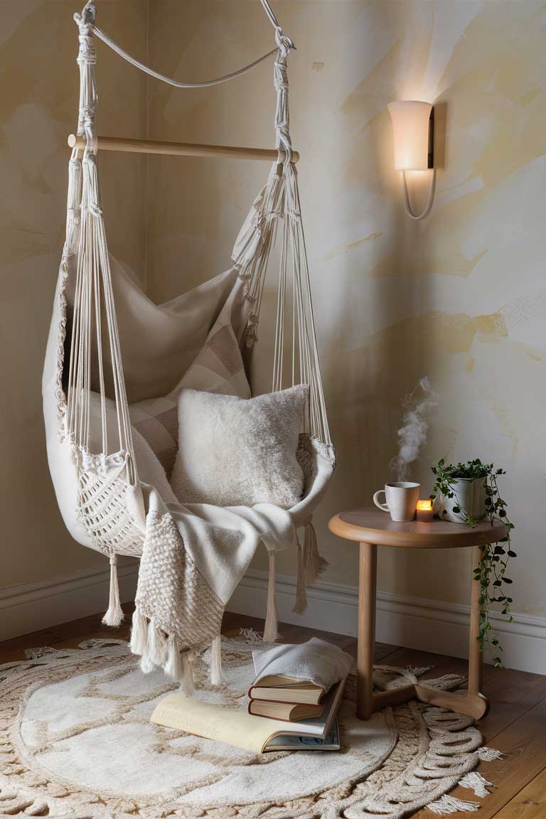 A cozy reading nook featuring a white cotton hammock chair with a subtle weave, hanging gracefully from the ceiling by macramé cords. The chair is adorned with a few plush, oversized throw pillows in soft pastel colors. Next to it, a small wooden side table with a warm, natural finish holds a steaming cup of tea or coffee in a delicate ceramic mug. On the table, place a small potted plant with trailing greenery and a softly glowing candle in a rustic holder.