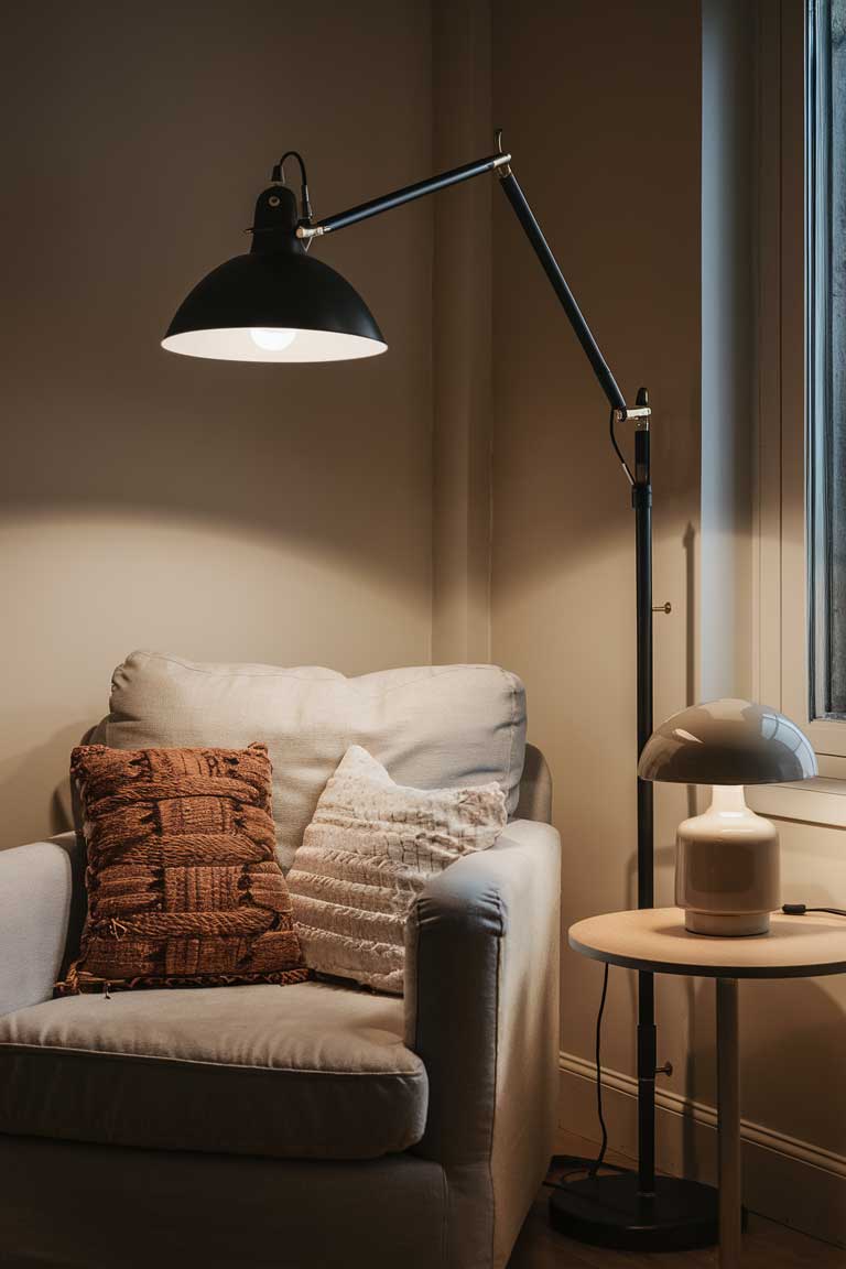 A cozy reading nook in a living room corner. A designer floor lamp with an adjustable arm arches over a comfortable armchair. On a nearby side table, a simple ceramic table lamp provides additional light.