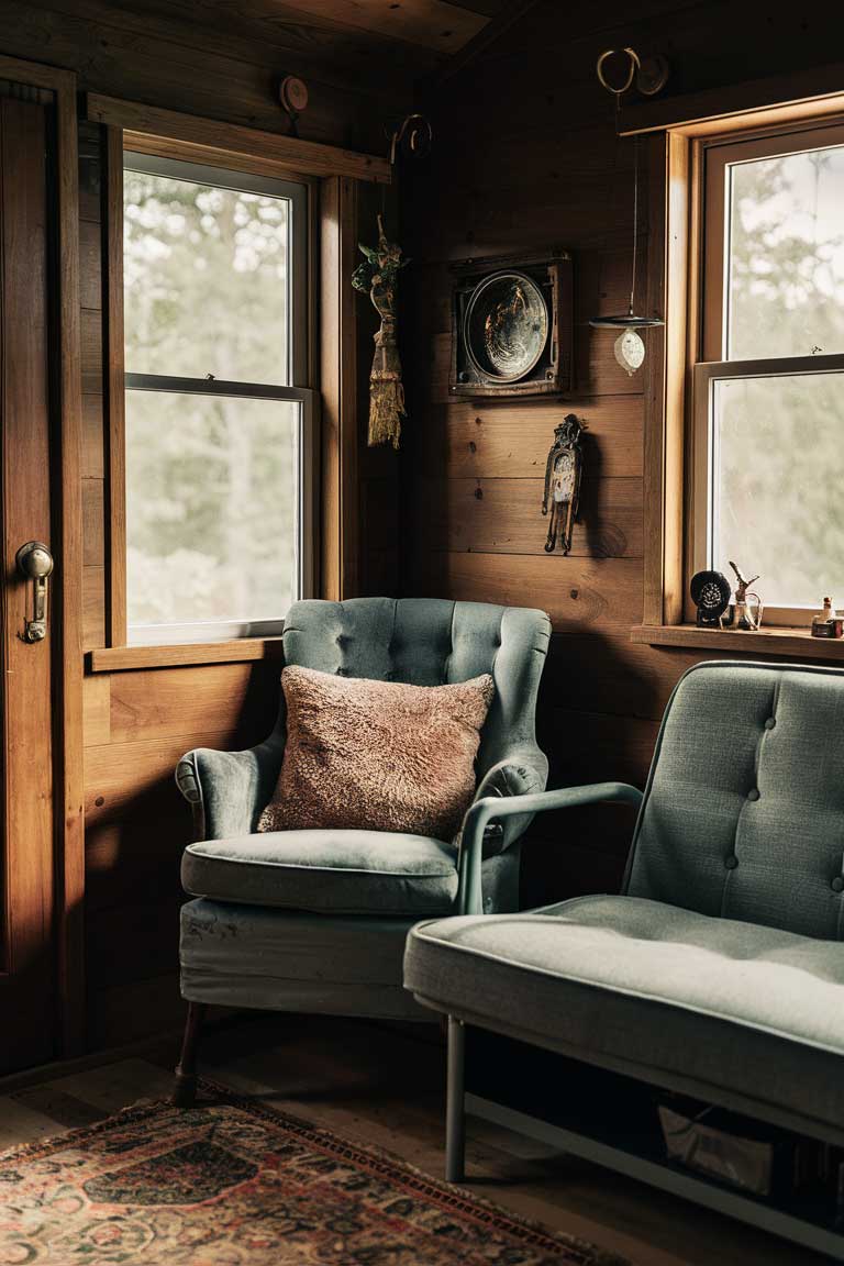 A cozy reading nook in a tiny house corner, featuring a small vintage armchair with a plush cushion. Some vintage decor hangs on the wall nearby, and a compact love seat with visible under-seat storage is partially in frame.