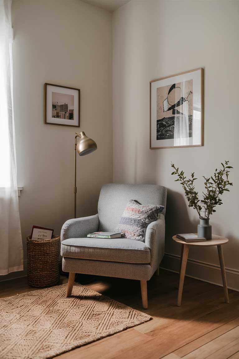 A cozy reading nook in the corner of a minimalist room, featuring a comfortable armchair, a small wooden side table, and a floor lamp.