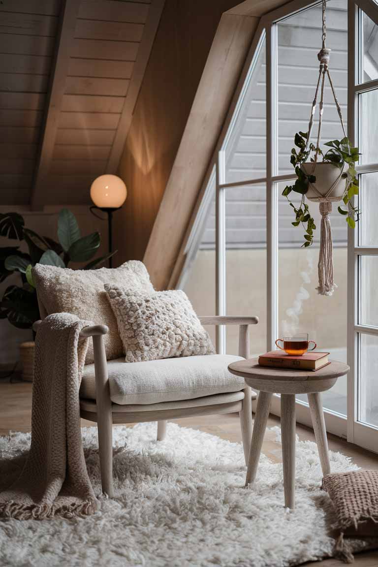 A cozy reading nook with a warm, inviting atmosphere. The space features a light wood chair with plush, white cushions, adorned with a few textured throw pillows in soft beige and muted pastel tones. Next to the chair, a small, round wooden table with elegant tapered legs holds a steaming cup of tea and a stack of well-worn books. A large, light-filtering window lets in abundant natural light, casting a gentle glow on the area. The floor is covered with a thick, white shag rug that adds a layer of softness. To enhance the ambiance, include a nearby floor lamp with a warm, ambient light and a hanging macramé plant holder with cascading greenery. Consider adding a few personal touches, such as a cozy knit throw draped over the chair and a small, woven basket beside it for extra blankets.