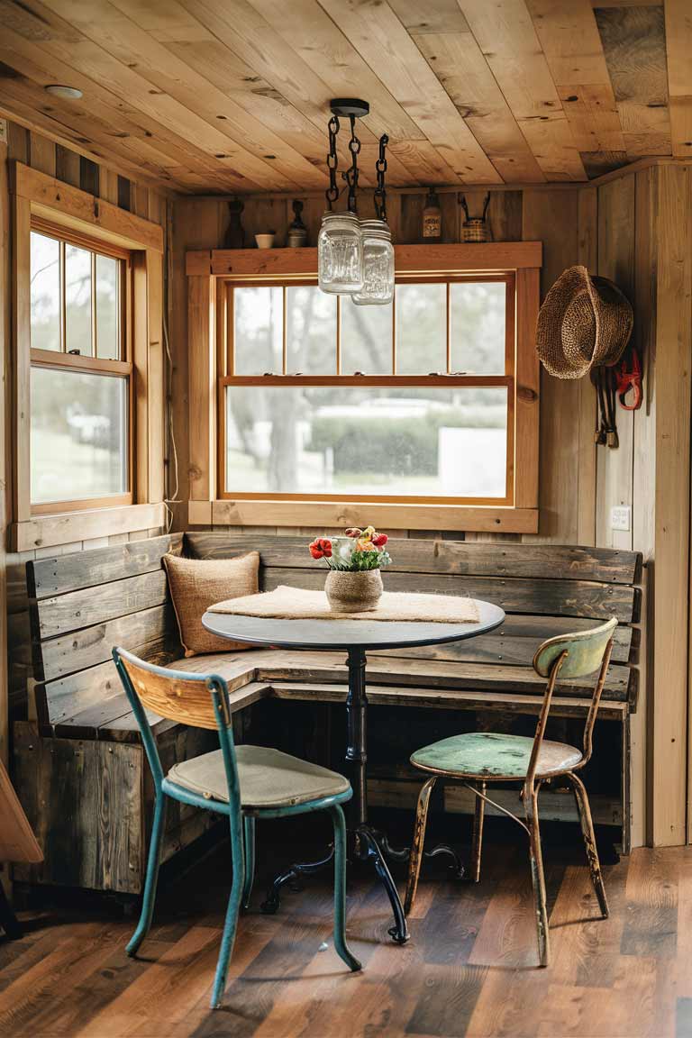 A rustic tiny house dining nook featuring a built-in bench made of reclaimed wood, a small table with iron legs, and two mismatched vintage chairs. A burlap table runner and a mason jar chandelier hanging above should also be included.