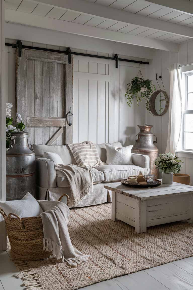 A rustic farmhouse-style tiny living room. The room features a neutral-toned slipcovered sofa and a distressed wood coffee table. Include a large woven basket filled with firewood or throw blankets. Use vintage milk cans as side tables or decor elements. On one wall, hang an old barn door as wall decor. The floor should have a ticking stripe rug. The photograph should capture the warm, cozy feel of farmhouse style in a small space, with soft, natural lighting to enhance the rustic elements.