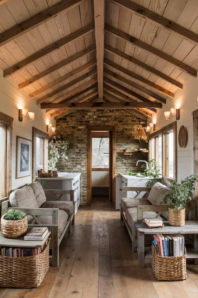 A tiny house living area with exposed wooden beams on the ceiling. One wall features an exposed brick accent, while woven baskets of various sizes are used for storage and as planters throughout the space.